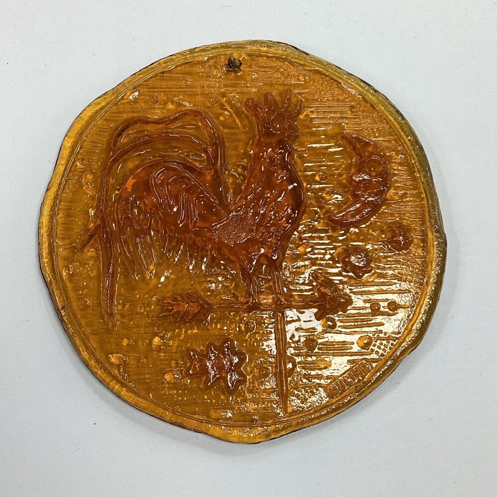 Vintage Wheaton Amber Glass Sun Catcher Rooster Weathervane Moon Stars